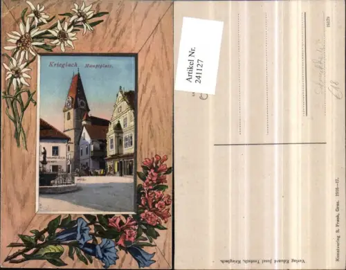 241127,Schmuckkarte Krieglach Hauptplatz Brunnen Edelweiß Enzian