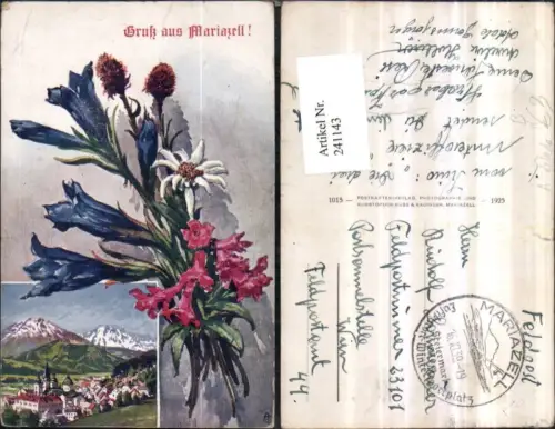 241143,Künstler AK A. Lebeda Gruß aus Mariazell Totale Enzian Edelweiß