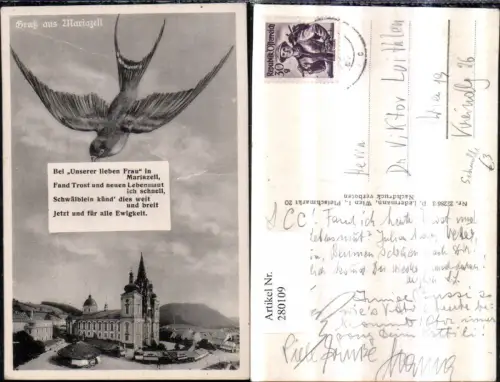 280109,Gruß aus Mariazell Kirche Fotomontage Schwalbe Text