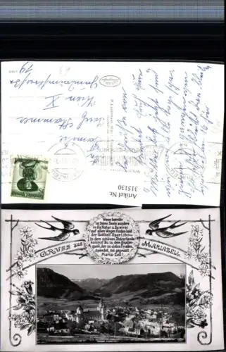 315130,Gruß aus Mariazell Totale Bergkulisse Passepartout Schwalben Text Edelweiß