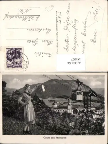 352097,Gruß aus Mariazell Teilansicht Seilbahn Fotomontage Frau Tracht Tuch