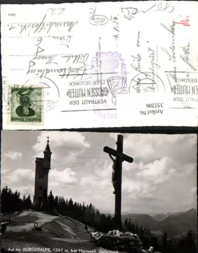 352206,Auf der Bürgeralpe b. Mariazell Kreuz Aussichtsturm Bergkulisse