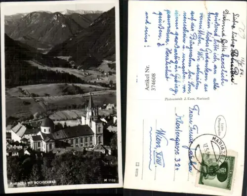 374608,Mariazell Teilansicht Kirche m. Hochschwab Bergkulisse