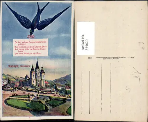 374620,Künstler AK Mariazell Kirche Schwalbe Vogel Spruch Text