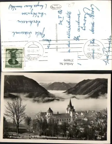 374699,Mariazell Teilansicht Kirche Nebel Bergkulisse