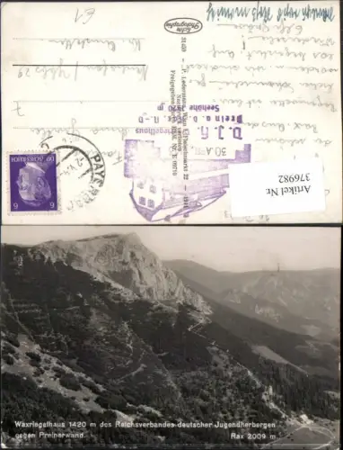 376982,Waxriegelhaus Berghütte b. Kapellen geg. Preinerwand Bergkulisse