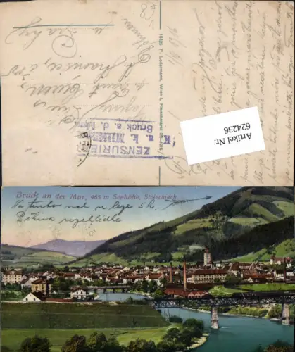 624236,Bruck an der Mur Feldpost WK 1 Zensur pub Ledermann 18425