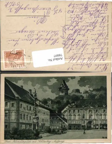 78897,Künstlerkarte Graz Karmeliterplatz m. Denkmal Uhrturm signiert F.H