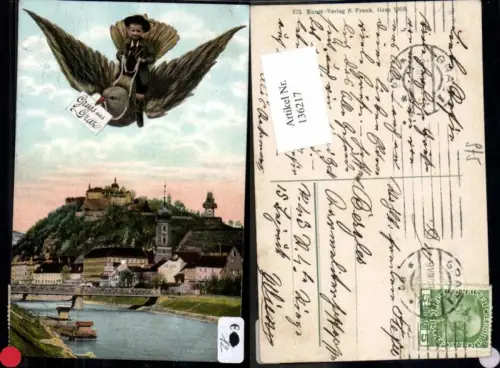 136217,Gruss aus Graz Junge fliegt auf Vogel über Stadt Seltene AK