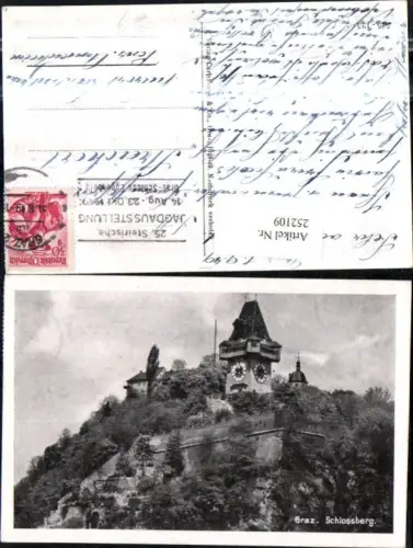 252109,Graz Schlossberg Uhrturm 25. Steirische Jagdausstellung Schloss Eggenberg 1949 Stempel