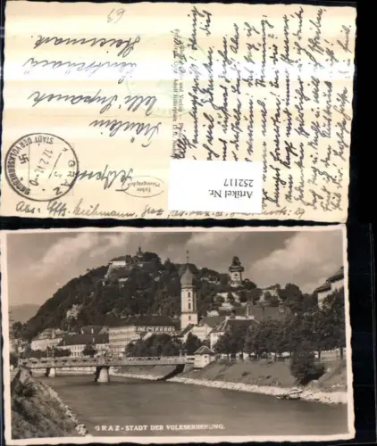 252117,Graz Teilansicht Brücke Kirchenturm Schlossberg m. Uhrturm