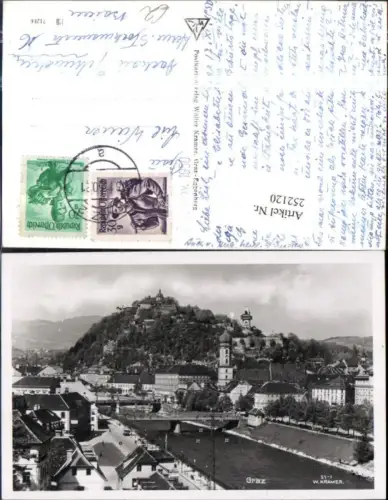 252120,Graz Teilansicht Brücken Kirchenturm Schlossberg m. Uhrturm
