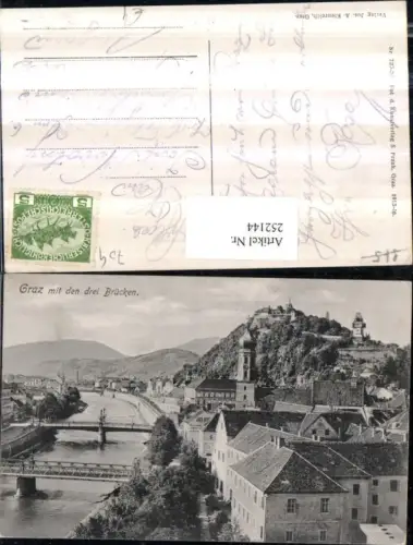 252144,Graz Teilansicht m. d. Drei Brücken Kirchenturm Schlossberg m. Uhrturm