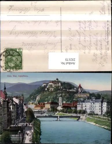 252175,Graz Teilansicht Mur Brücke Kirchenturm Schlossberg m. Uhrturm pub L. Strohschneider 81