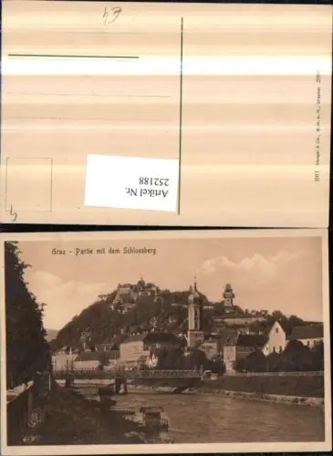 252188,Graz Partie Teilansicht Brücke Kirchenturm m. d. Schlossberg Uhrturm