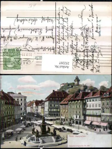 252207,Graz Hauptplatz Denkmal Markt Geschäfte Blick auf Schlossberg Uhrturm