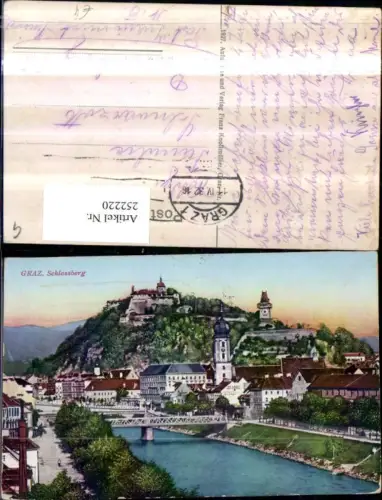 252220,Graz Teilansicht Brücke Kirchenturm m. Schlossberg Uhrturm
