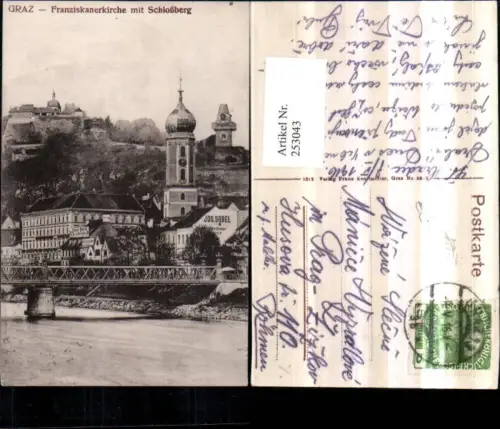 253043,Graz Franziskanerkirche Kirche m. Schlossberg Brücke u. Uhrturm