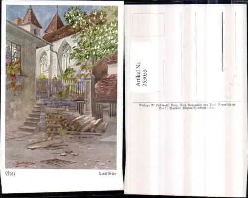 253055,Künstler AK Brunnlechner Graz Leechkirche Kirche Brunnen Holzscheitern