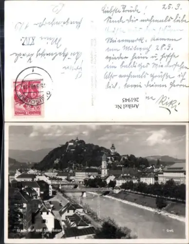 261945,Graz Teilansicht Brücken m. Schlossberg Uhrturm
