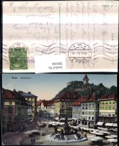 280180,Graz Hauptplatz Denkmal Markt m. Schlossberg Uhrturm