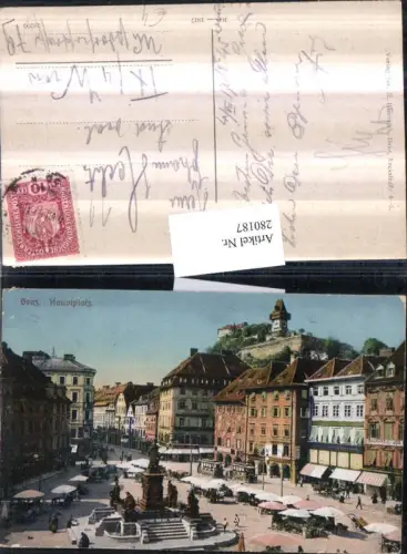 280187,Graz Hauptplatz Denkmal Brunnen Markt m. Schlossberg Uhrturm