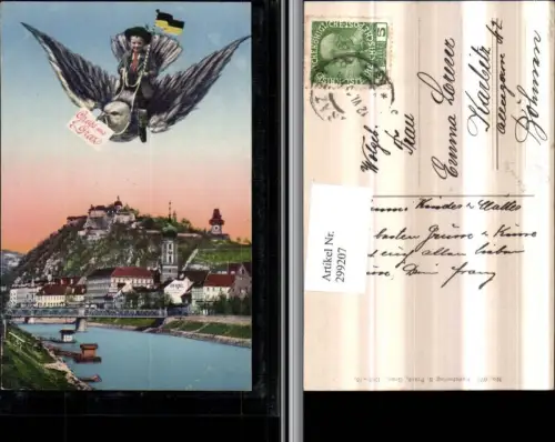 299207,Graz Teilansicht Brücke Schlossberg Fotomontage Junge auf Taube Patriotik