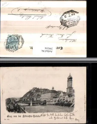 299254,Präge Passepartout Graz Teilansicht m. Brücke u. Schlossberg von d. Albrechts-Brücke