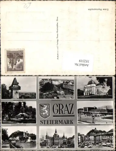 352319,Graz Schlossberg Uhrturm Oper Hauptbahnhof Rathaus Brunnen Mehrbildkarte