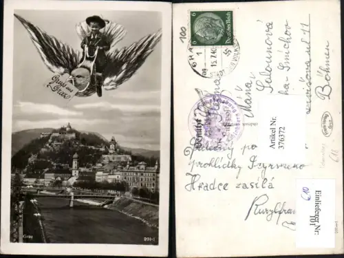 376372,Graz Teilansicht Brücke Schlossberg Fotomontage Kind in Tracht Vogel