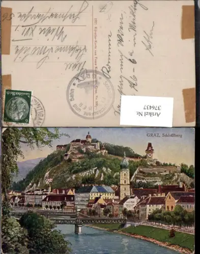 376437,Künstler AK Graz Teilansicht Brücke m. Schlossberg