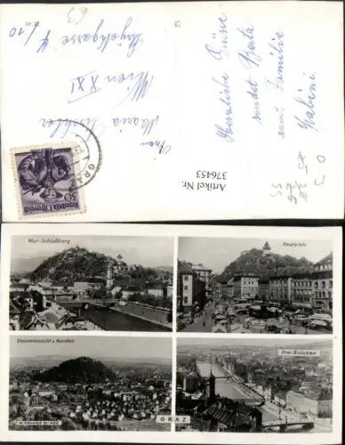 376453,Graz Totale Drei Brücken Schlossberg Hauptplatz Mehrbildkarte
