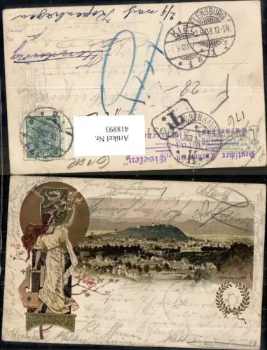 418893,Litho Graz von Osten Frau Handharfe Wappen Stempel Deutscher Turnverein Eiselen
