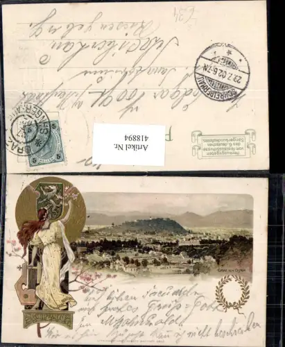 418894,Litho Graz von Osten Frau Handharfe Wappen Stempel Sängerhalle