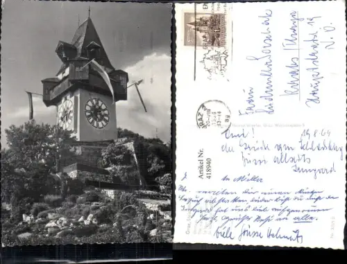 418940,Graz Uhrturm m. Fahne Beflaggt 1964
