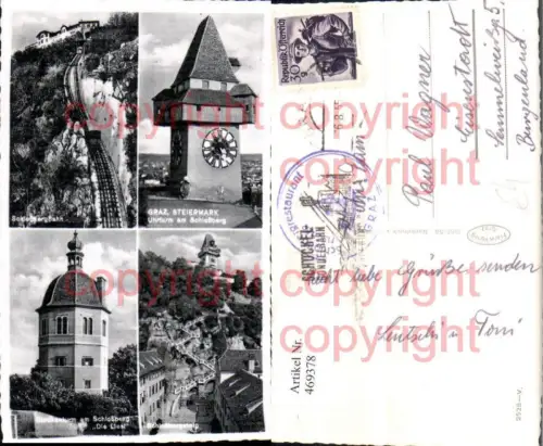 469378,Graz Schlossberg Uhrturm Schlossbergbahn Liesl Mehrbildkarte