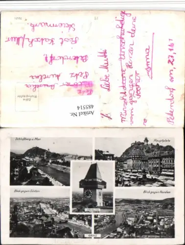 485514,Graz Totale Hauptplatz Schlossberg Uhrturm Mehrbildkarte