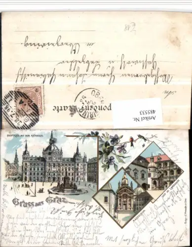 485533,Litho Gruß aus Graz Rathaus Mausoleum Landhaus Mehrbildkarte