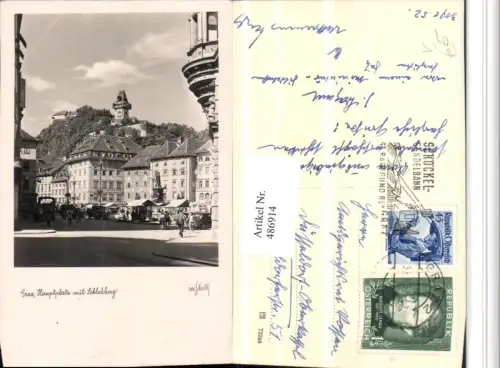 486914,Graz Hauptplatz m. Schlossberg Uhrturm pub Sketh 380