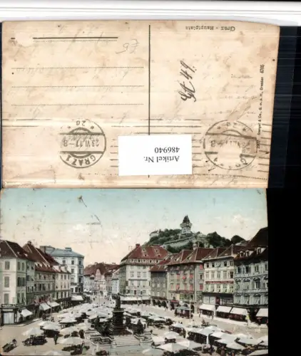 486940,Graz Hauptplatz Markt Denkmal m. Schlossberg Uhrturm