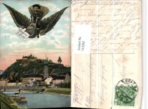 512262,Gruß aus Graz Teilansicht Schlossberg Kind auf Schwalbe