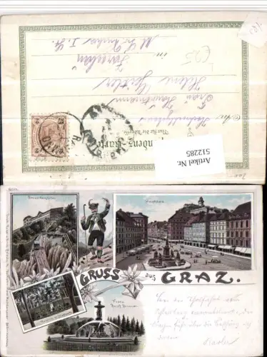512285,Litho Gruß aus Graz Hauptplatz Schlossbergbahn Brunnen Mehrbildkarte