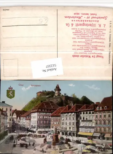 512337,Graz Hauptplatz Denkmal m. Schlossberg Uhrturm