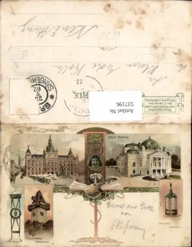 537196,tolle Präge Jugendstil Lithographie Graz Theater Uhrturm pub Matthey