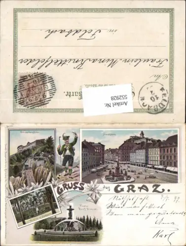 552928,tolle Lithographie Gruß aus Graz Hauptplatz Schlossberg pub Regel e Krug 524
