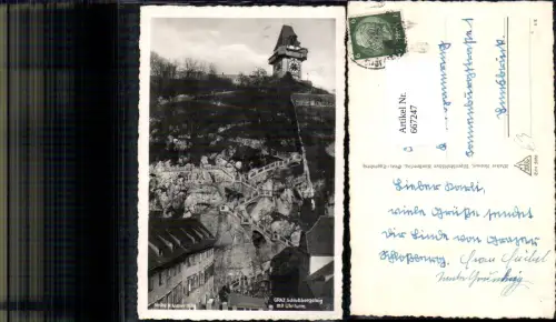 667247,Foto Ak Graz Schlossbergsteig mit Uhrturm