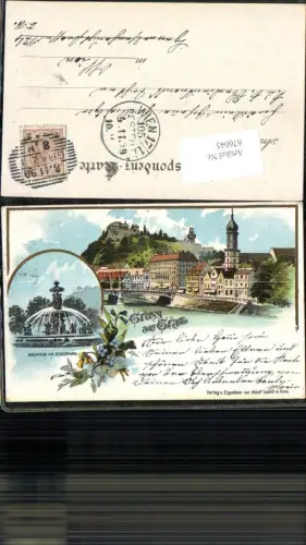 676045,tolle Lithographie Gruss aus Graz Stadtpark Brunnen pub Adolf Leicht