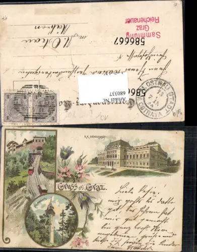680337 Lithographie Gruss aus Graz K.K. Universität Schlossberg Bahn Hilmwarte