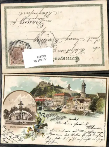 Lithographie Graz Brunnen Stadtpark Schlossberg pub E. Presuhn gel. Drasing Krumpendorf