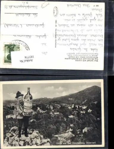 183774,Grüße aus Bad Gleichenberg Teilansicht Junge i. Tracht m. Flasche